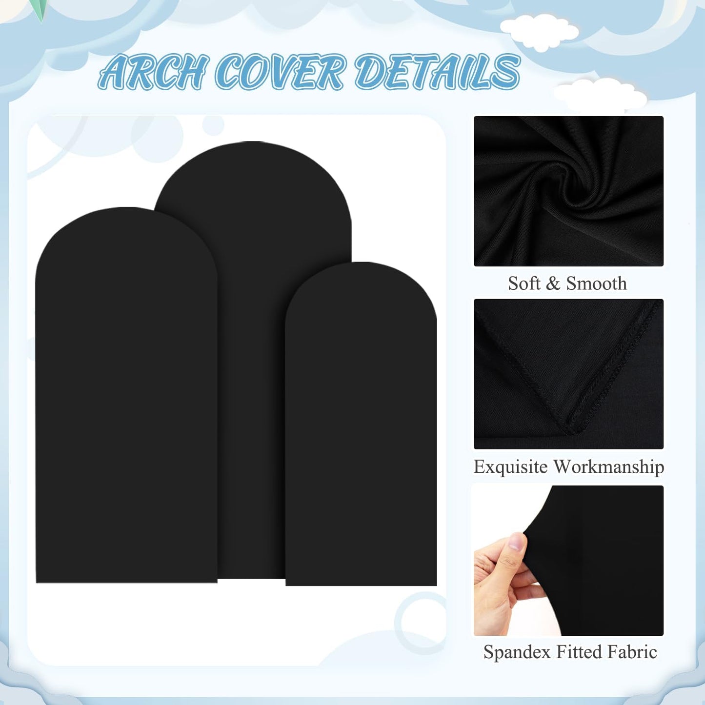 FOTSHARER Wedding Arch Backdrop Stand and Black Arch Covers Stretchy Backdrop Set of 3 (7.2FT, 6.6FT, 6FT) Metal Arched Stand with Spandex Arch Covers for Graduation Ceremony Bridal Shower Event Decor