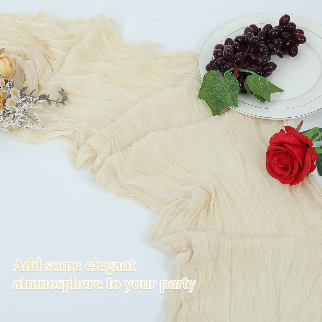 Beige Cheesecloth Table Runner -21*120Inch Long Boho Wedding Table Decor, Rustic Gauze Fabric Runner for Bridal Showers, Baby Showers & Parties (Sheer, Lightweight, Wrinkled Design)
