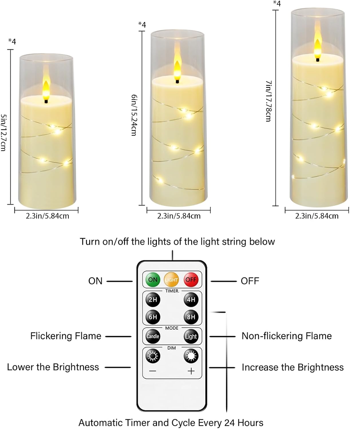 Flameless Candles with Embedded Star String - Battery Operated LED Candles, with Remote,12 Ivory Flickering Candles for Christmas, Weddings, Home Decor & Party,(D 2.3"×H 5" 6" 7")