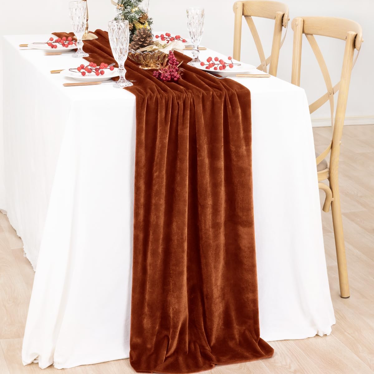 MLMC 2 Pack Terracotta Fall Thanksgiving Table Runner 10ft Luxury Burnt Orange Velvet Table Runner Fall Table Centerpiece 20x120 Inches for Wedding Bridal Shower Birthday Party Home Decor