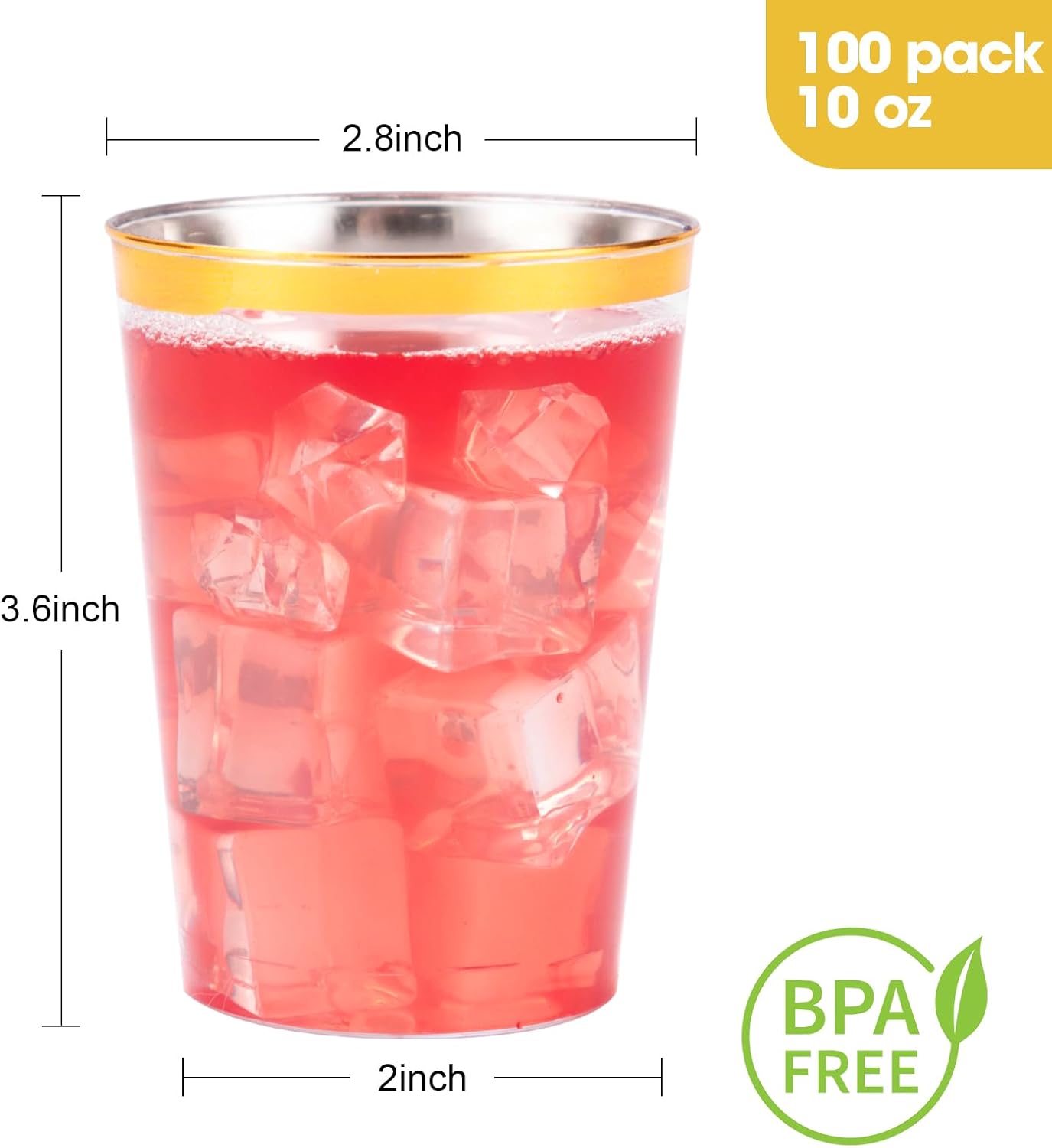 Goodluck 100PCS 10oz Gold Plastic Cups for Party, Disposable Gold Rim Cups, Plastic Cocktail Glasses for Wedding Thanksgiving, Christmas, and Parties
