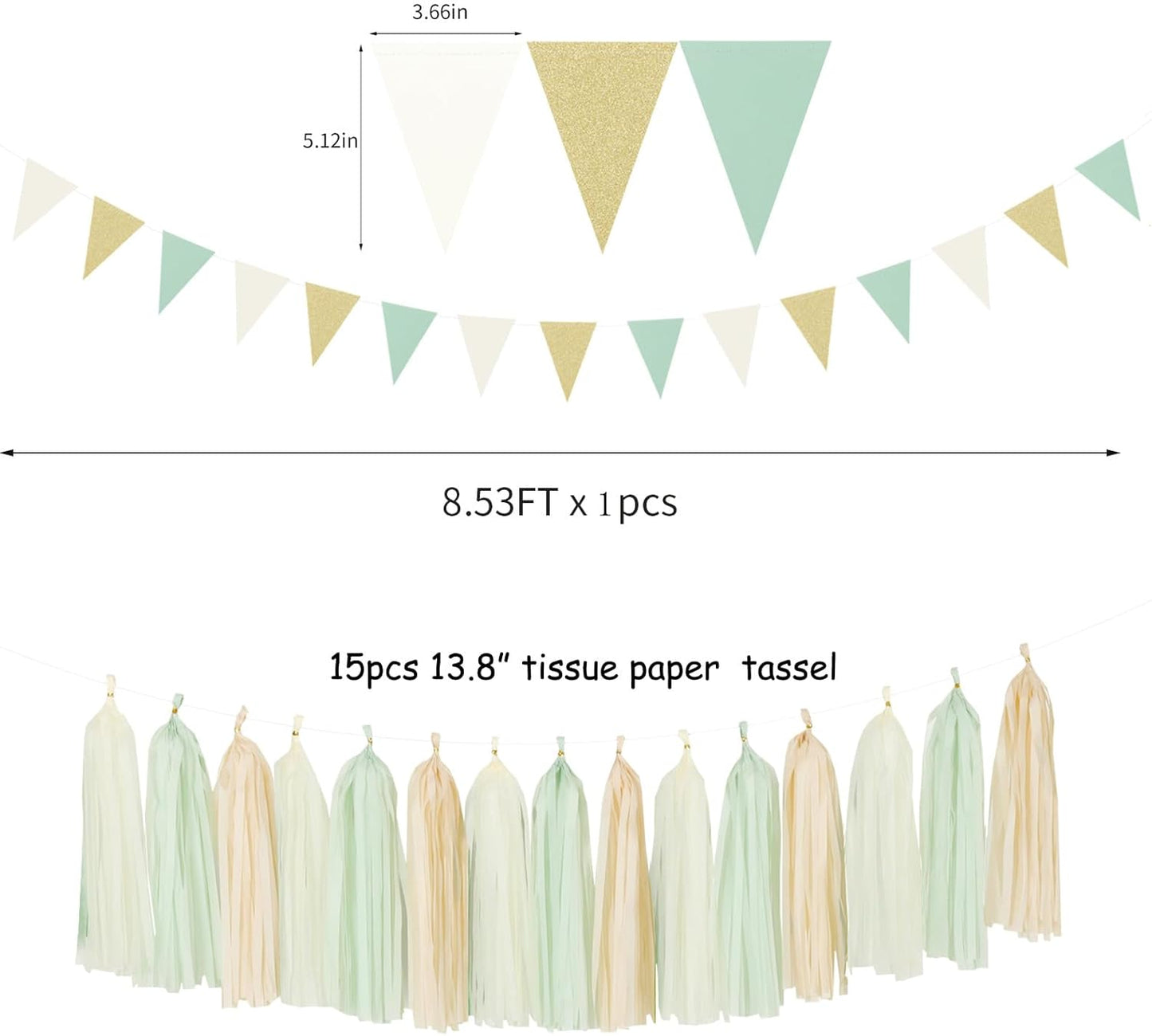 Sage-Green Gold-Champagne Party Decorations - 23pcs Neutral Birthday Baby Shower Tissue Pom Poms Streamers, Boho Wedding Bachelorette Engagement Tassel Garland Banner,Bridal Decor Suppilies Ouruola