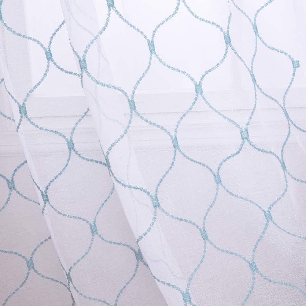 Embroidery Sheer Curtains Blue 95 Inches Long, Window Treatments Rod Pocket Drapes for Living room, Bedroom, Wave Diamond Crinkle Voile Curtain Panels for Yard, Villa, Parlor, Set of 2, 52"x 95".