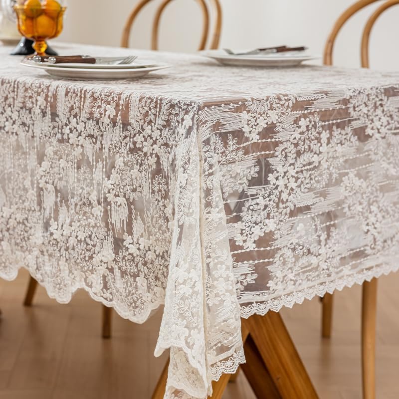 Lace Embroidered Tablecloth. Rectangle Lace Vintage Tablecloth Dustproof Table Protector for Kitchen Dining Room Party Banquet Home Picnic Wedding Decoration (Creamy White 90.5×53 inch)