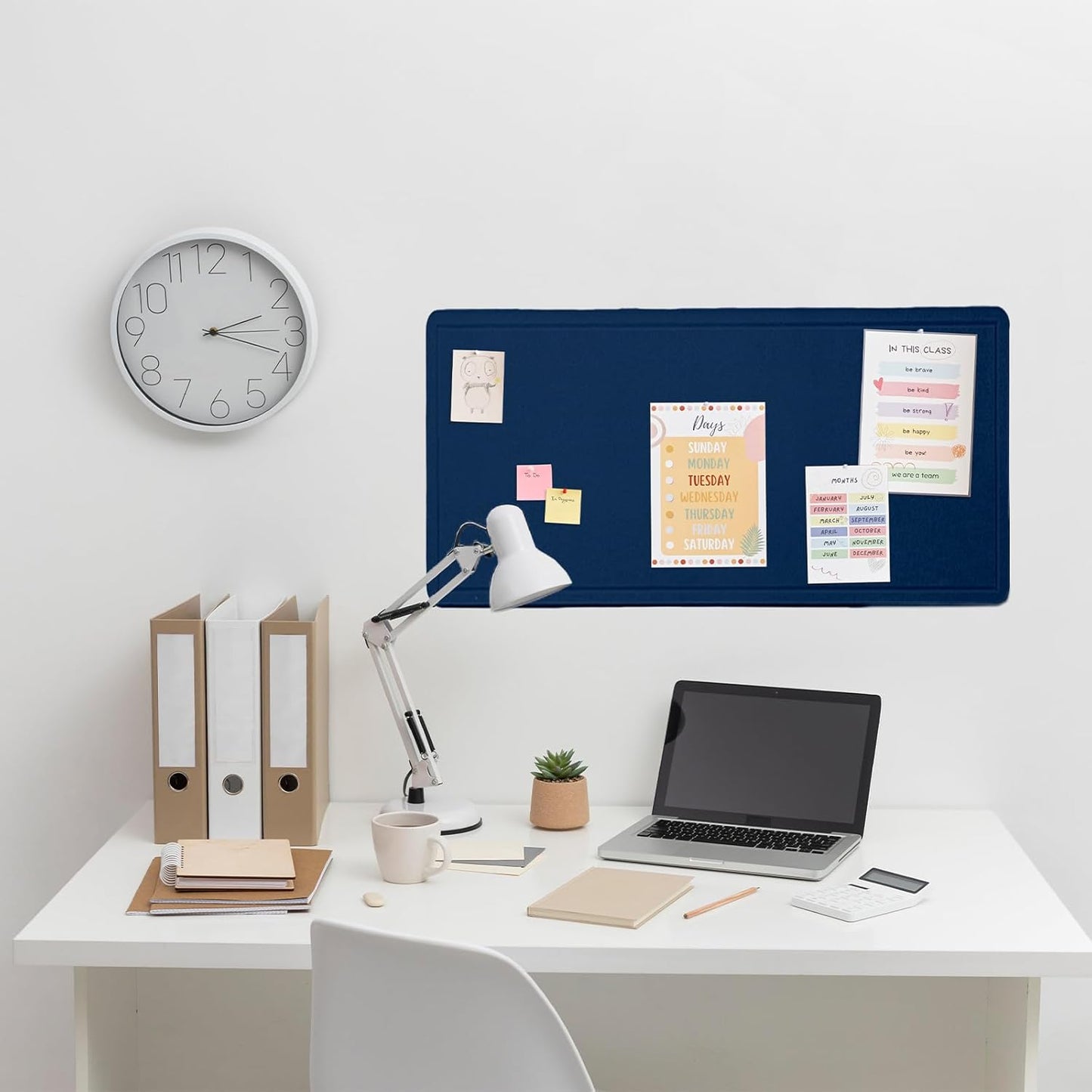 Bulletin Board, 35 x 17 1/2 inches Felt Board - Decorative Pin Board, Cork Board Alternative for Wall, Foldable Picture Board Self-Adhesive Vision Board Prayer Board with 20 Pushpins Dark Blue