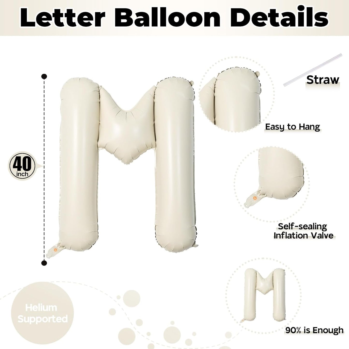 Big Letters Balloon M - 40 Inch Cream White Sand Helium Mylar Custom Name Alphabet Balloons, Self Inflating Beige Foil Custom Letters for Girls Birthday Party Decor
