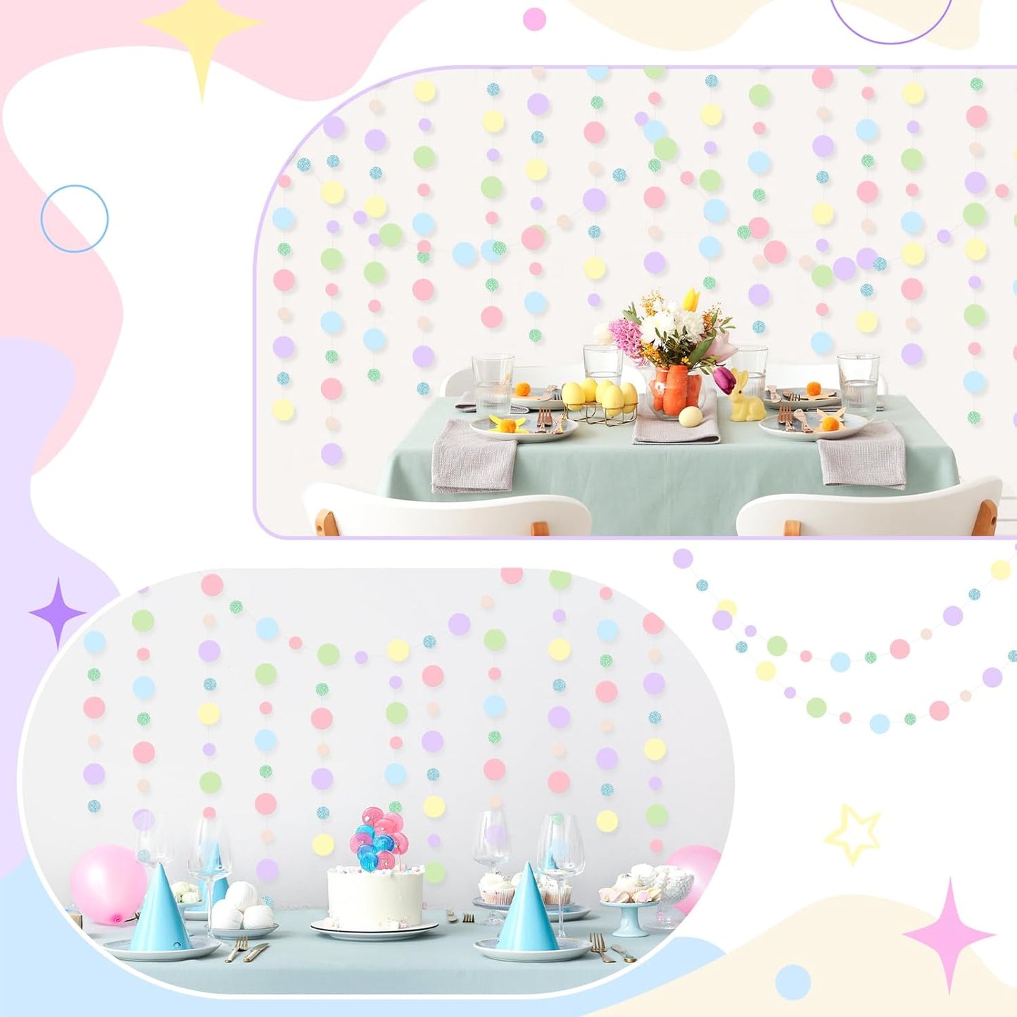 Outus 10 Pieces Colorful Dots Paper Garland Round Glitter Garland Hanging Confetti Streamers Backdrop for Candy Birthday Classroom Halloween Trunk or Treat Car Decoration (Pastel)