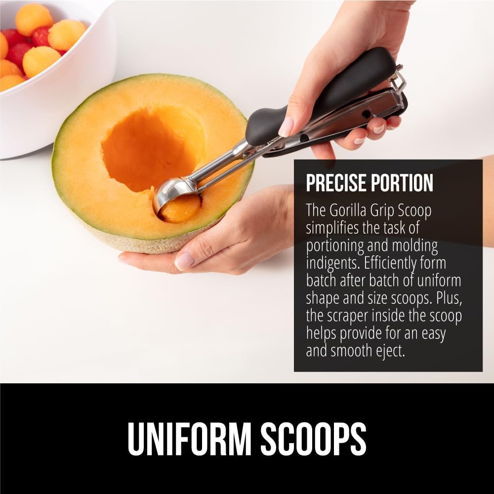 GORILLA GRIP Stainless Steel Cookie Scoop for Baking, 3 TBSP, Multipurpose Melon Baller, Meatball Spring Scoops, Perfect Portion Sizes, Easy Food Release, Scooper Size 20, BPA-Free Kitchen Tool, Black