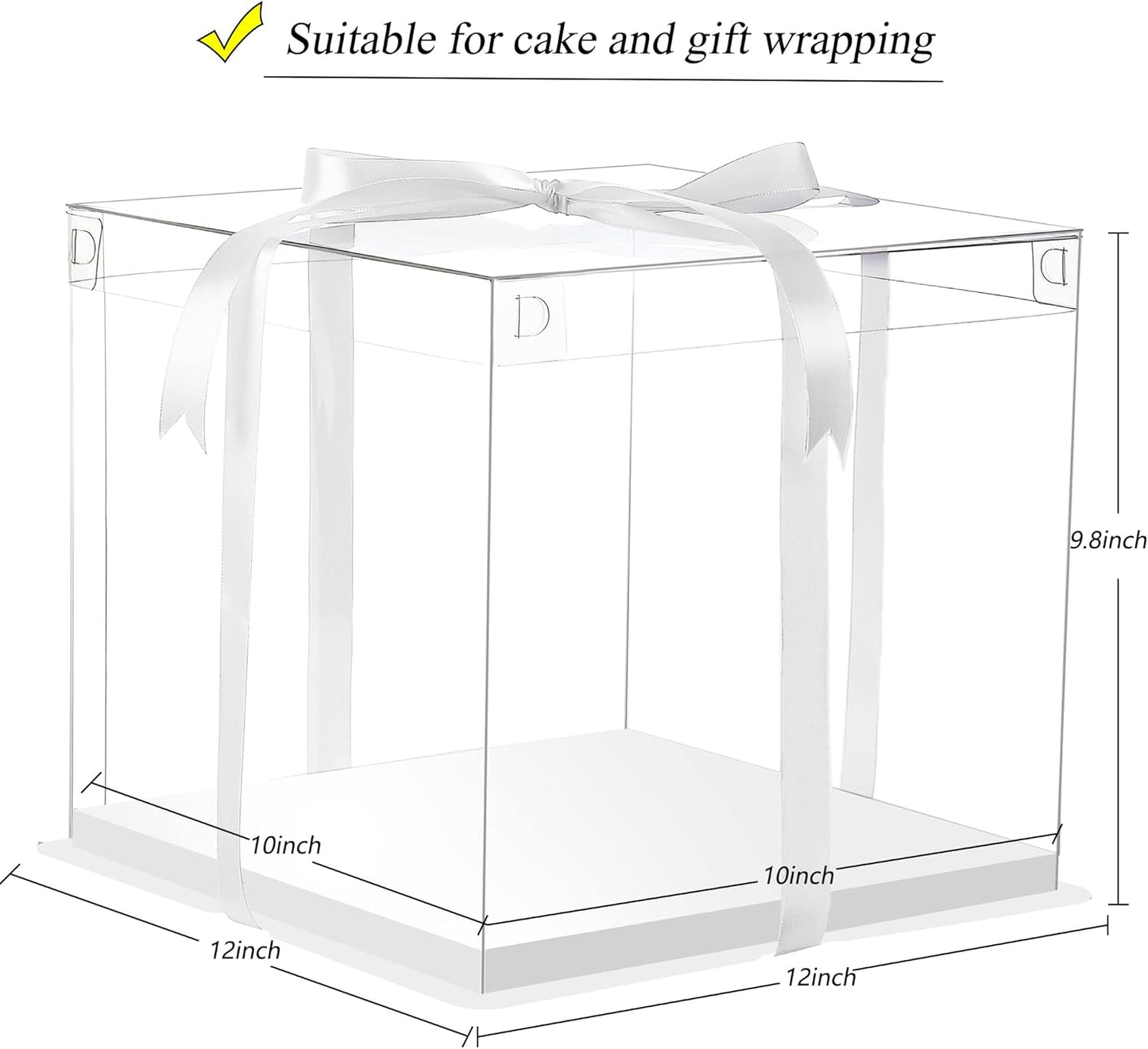 XININSUN 6Pcs Tall Cake Boxes Clear cake Box with Ribbon, 12x12x 10inch,Ideal for Large 10" and 12" Inch Tall Layer Tiered Cakes and Clear Gift Boxes for Wedding Party and Gift Display - White