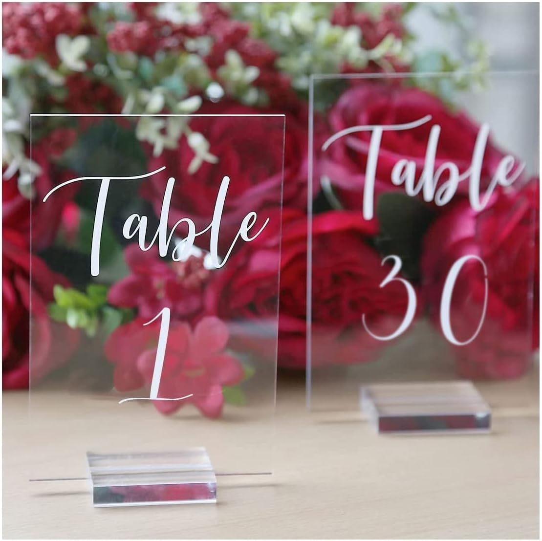 UNIQOOO Acrylic Wedding Table Number 1-30 with Stands | 4x6 inch Printed Calligraphy, Sign and Holder | Perfect for Wedding, Reception, Centerpiece Decoration, Event, Party