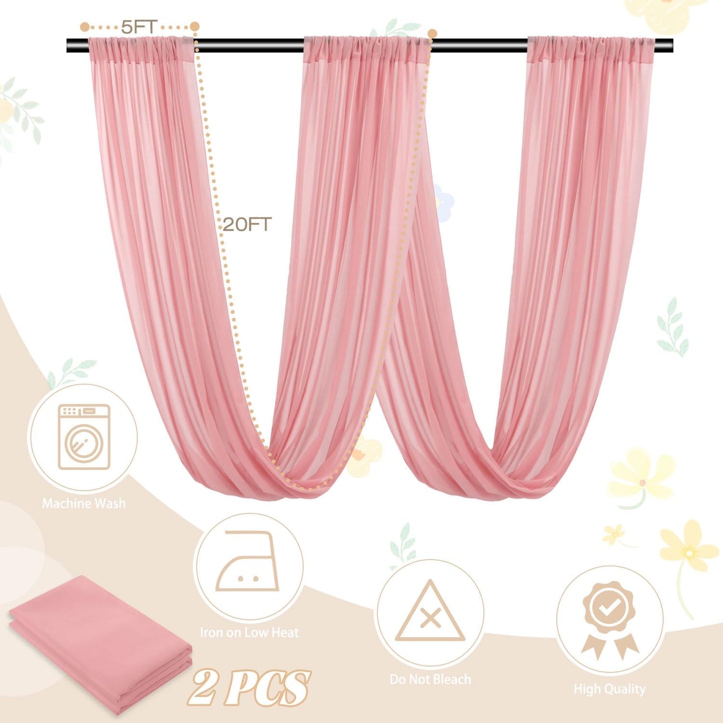 FUHSY Wedding Ceiling Drapes Sheer Fabric for Draping 2 Panels 5x20 FT Dusty Rose Backdrop Curtains for Party Wedding Arch Draping Fabric Chiffon Ceiling Curtains for Outdoor Wedding Ceremony