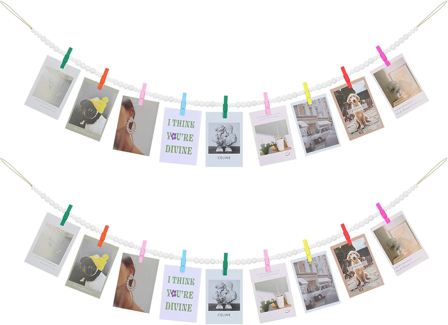 Hanging Photo Display Wall Decor, 2PCS Boho Wooden Bead Garland Collage Picture Frame with 9 Different Random Colors Wood Clips for Boho Bedroom, Living Room, Office, Dorm Decor