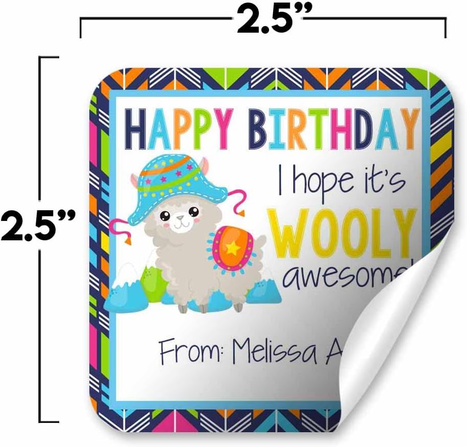 Custom & Personalized Wooly Awesome Alpaca Happy Birthday Gift Tag Sticker Labels, 24 2.5" Square Stickers by Amanda Creation