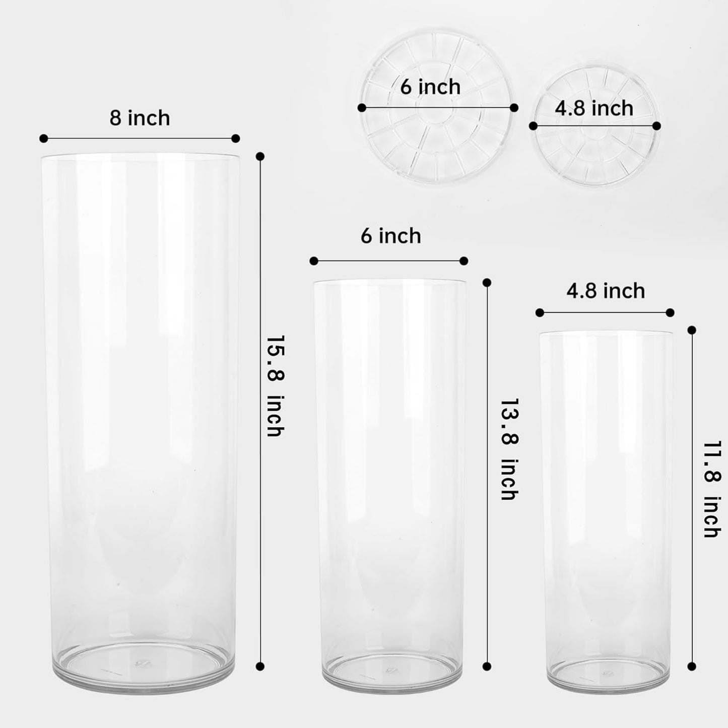 Extra Large Acrylic Cylinder Clear Vase for Floor, Tall Big Wide Mouth Plastic Unbreakable Hurricane Flower Vases of 3 for Home Decor (D 8" X H 15.8", D 6", D 4.8" + 2 Holder)