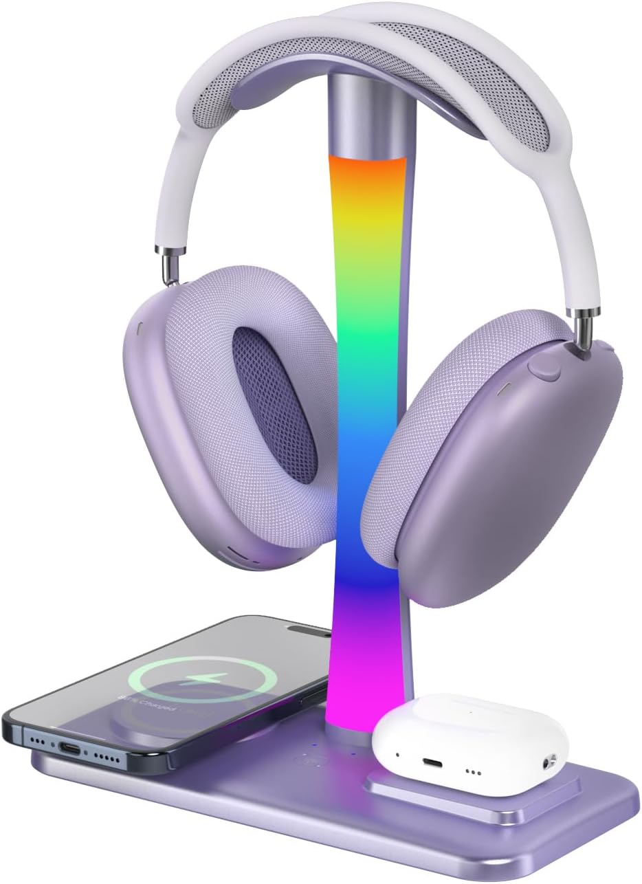 Headphone Stand with Wireless Charger,Gaming Headset Stand with RGB Light Mode,Airpod Max Stander Compatible with Airpod Pro/3/2,iPhone 16/15/14/13/12/11,Gifts for Gamers & Music Lover (Purple)