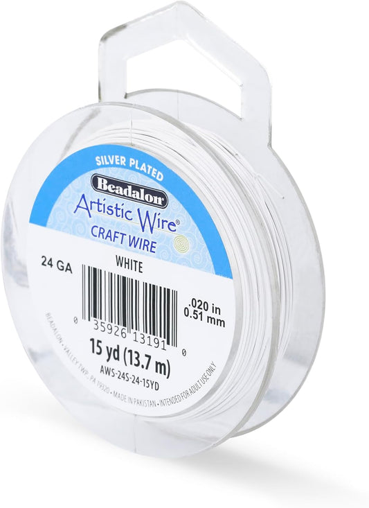 Artistic Wire, 24 Gauge Silver Plated Tarnish Resistant Colored Copper Craft Wire, White, 15 yd