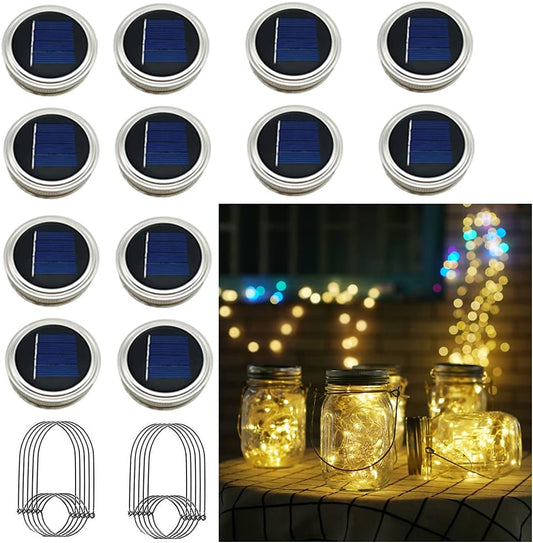 Solar Mason Jar Lights, 12 Pack 30 LED Waterproof Lid Light with Hangers (No Jar), Fairy Firefly Outdoor String Lights for Regular Mason Jar, Patio, Yard, Garden, Wedding Decoration (Warm White)