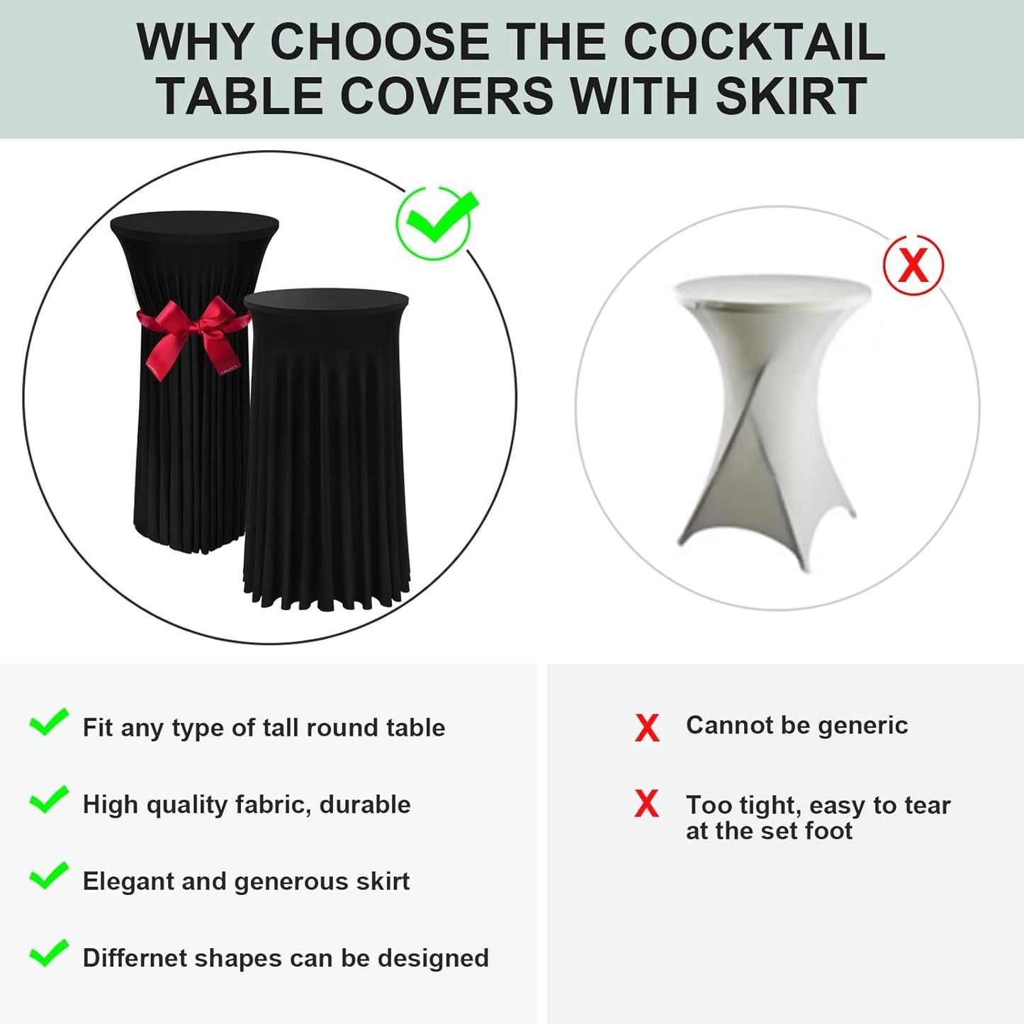 Cocktail Table Covers - 2 Pack 24"x 43" Black Cocktail Table Tablecloth with Natural Wavy Round Skirt for Bar Wedding Party Banquet