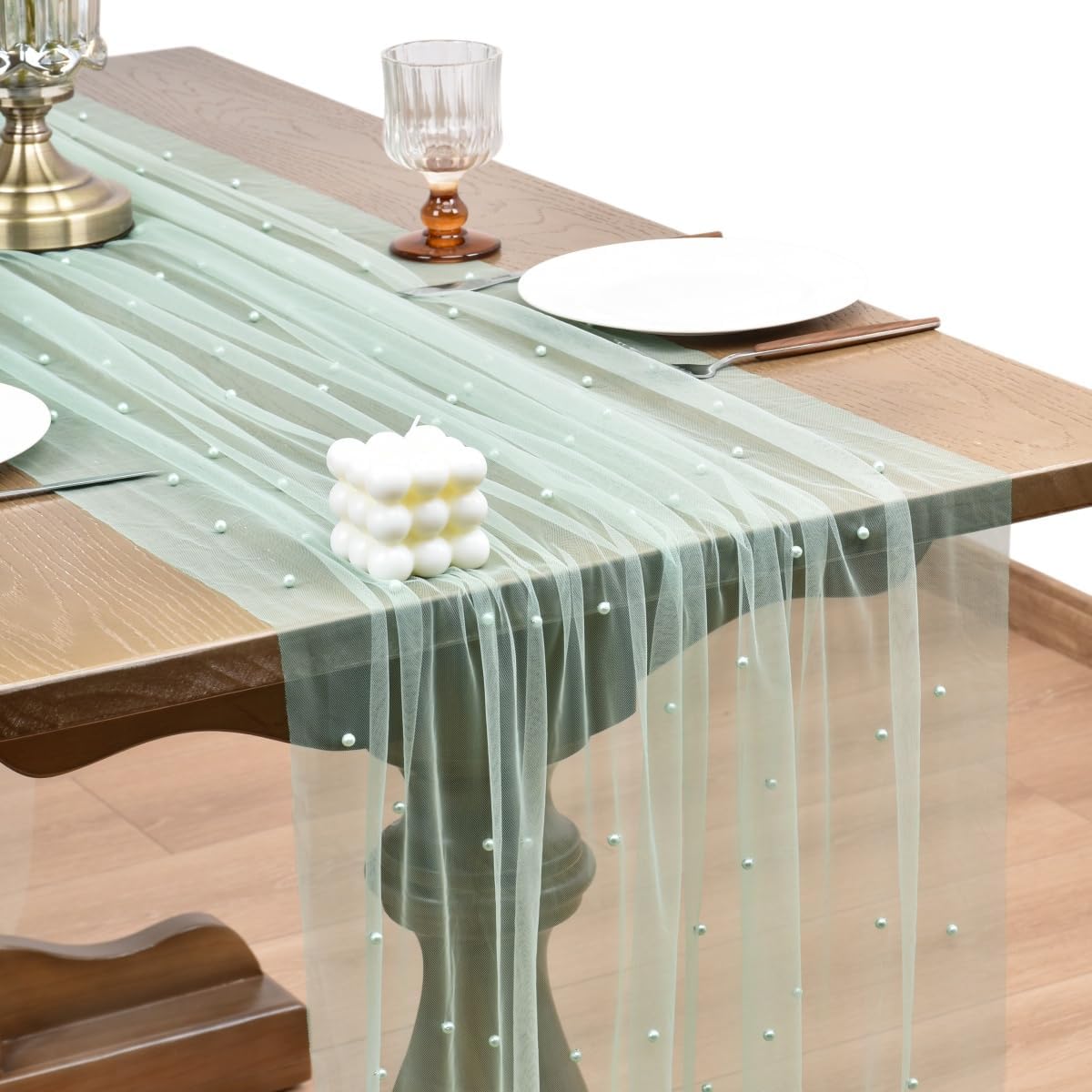 Joanlody Fall Pearl Table Runner 10ft Rustic Boho Tulle Table Runner with Pearls for Baby Shower Wedding Party Veil Dessert Thanksgiving Table Decor Sage Green