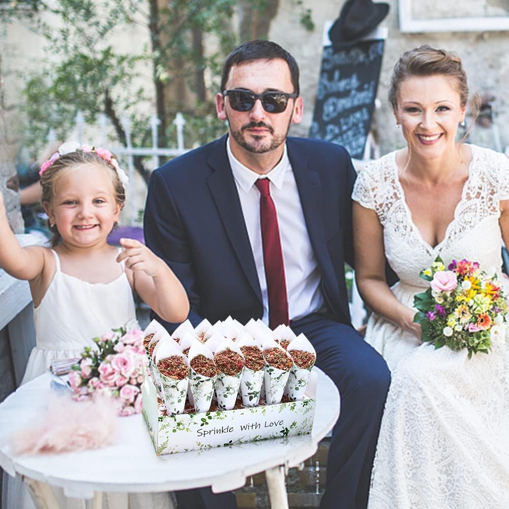 30 Pieces biodegradable confetti Cones and Stand Tray Paper Cone Box 30 Holes Suitable Placing Dried Flower Petals Confetti for Wedding, Engagement, Party, Birthday (Green)