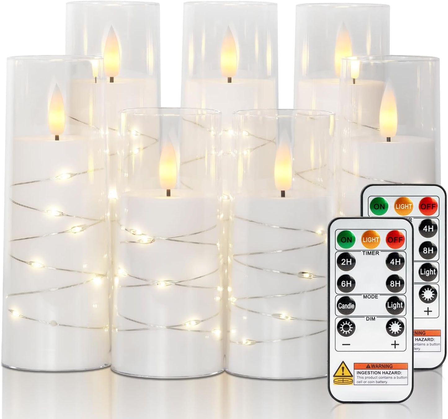 Raycare Flameless Candle with Remote Timer, 7 Flickering Acrylic Battery Operated LED Pillar Candles with Embedded Star String for Halloween, Home Decor, and as a Gift(White)