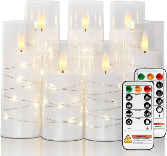 Raycare Flameless Candle with Remote Timer, 7 Flickering Acrylic Battery Operated LED Pillar Candles with Embedded Star String for Halloween, Home Decor, and as a Gift(White)