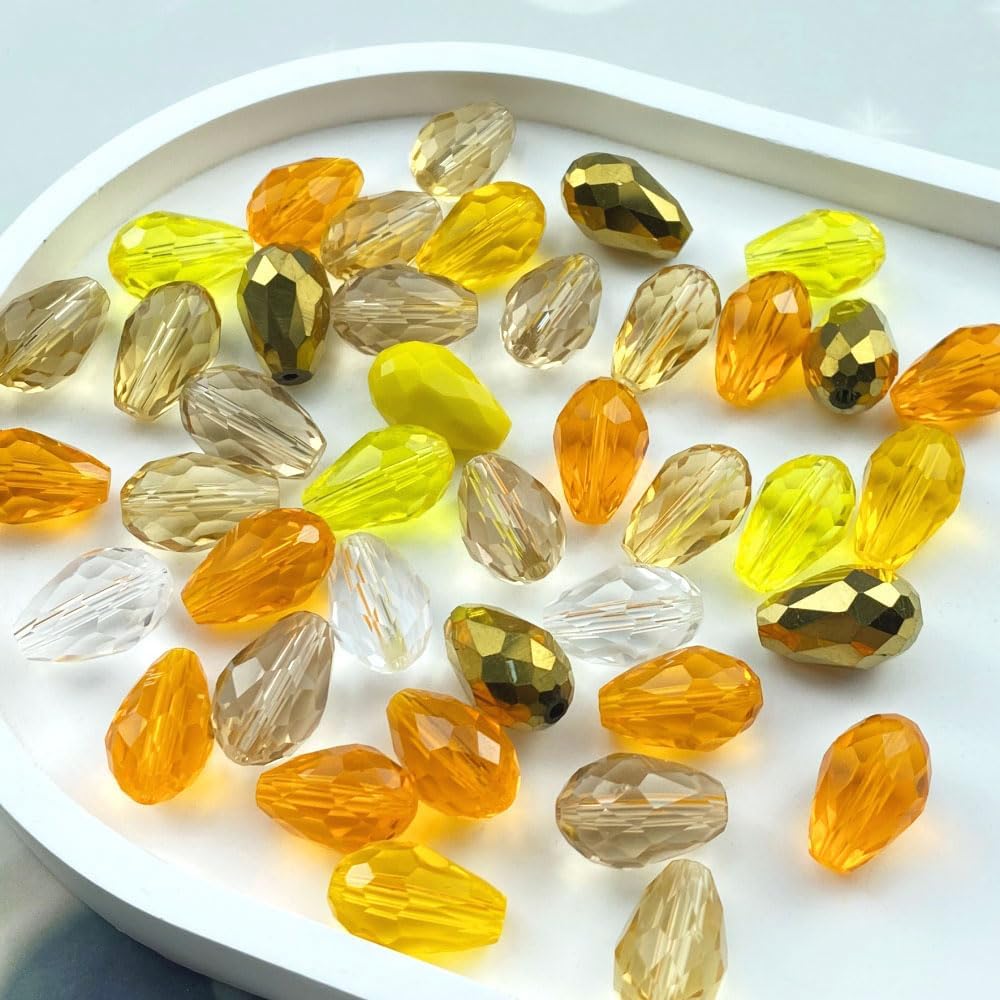 110pcs 6x8mm Teardrop Crystal Glass Beads Vertical Hole Faceted Loose Spacer Beads for DIY Craft Jewelry Making Necklace Bracelet Earring Wind Chimes(Yellow Series)