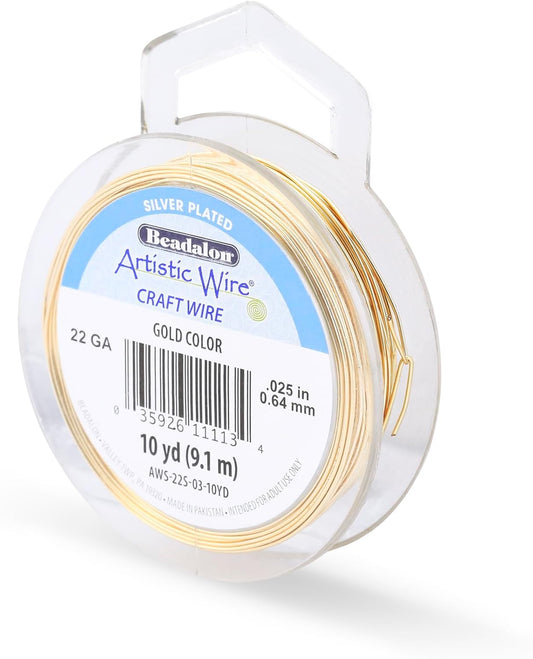 Artistic Wire, 22 Gauge Silver Plated Tarnish Resistant Colored Copper Craft Wire, Gold Color, 10 yd