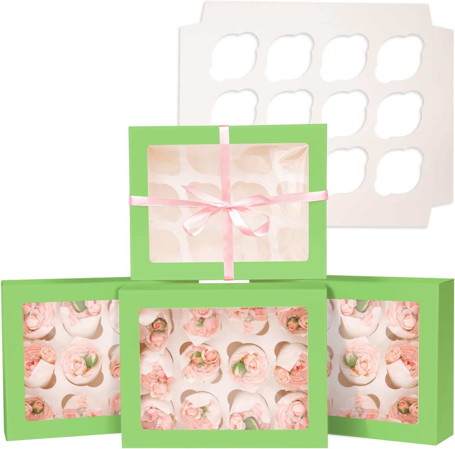 12 Cupcake Containers 10-Packs Avocado Cupcake Box Cupcakes Carrier, 12 Cupcake Boxes with Window 13"x10"x3.5"（Auto-pop up）