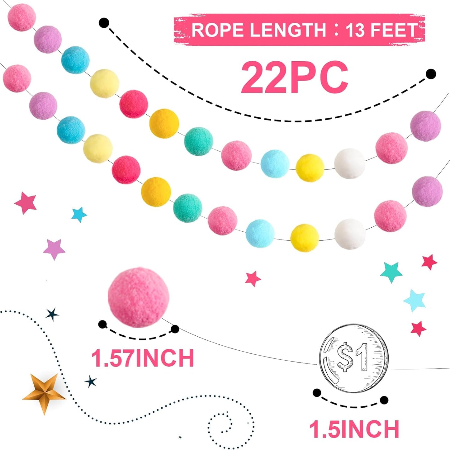 TBD Decor 2pk Pom Pom Garland Easter Decorations 13FT Colorful Large Felt Ball Spring Garland Easter Tree Decorations for Mantle,Indoor Holiday Wedding Birthday Party Supplies