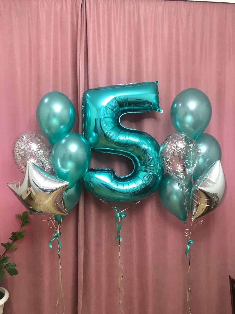 Large Teal Blue 40 Inch Birthday Number 5 Balloon, Teal Blue Five 5th 15 25 35 50 55 Birthday Anniversary Celebration Decorations, Foil Mylar Helium Numbers 5 Balloons Girl Boy Party Supplies