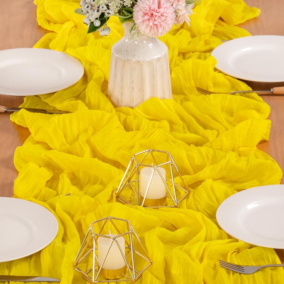 MLMW 4 Pack Yellow Cheesecloth Table Runner Boho Gauze Rustic Cheese Cloth Table Runner 160 inch Sheer 13.3ft for Wedding Party Baby Bridal Shower Birthday