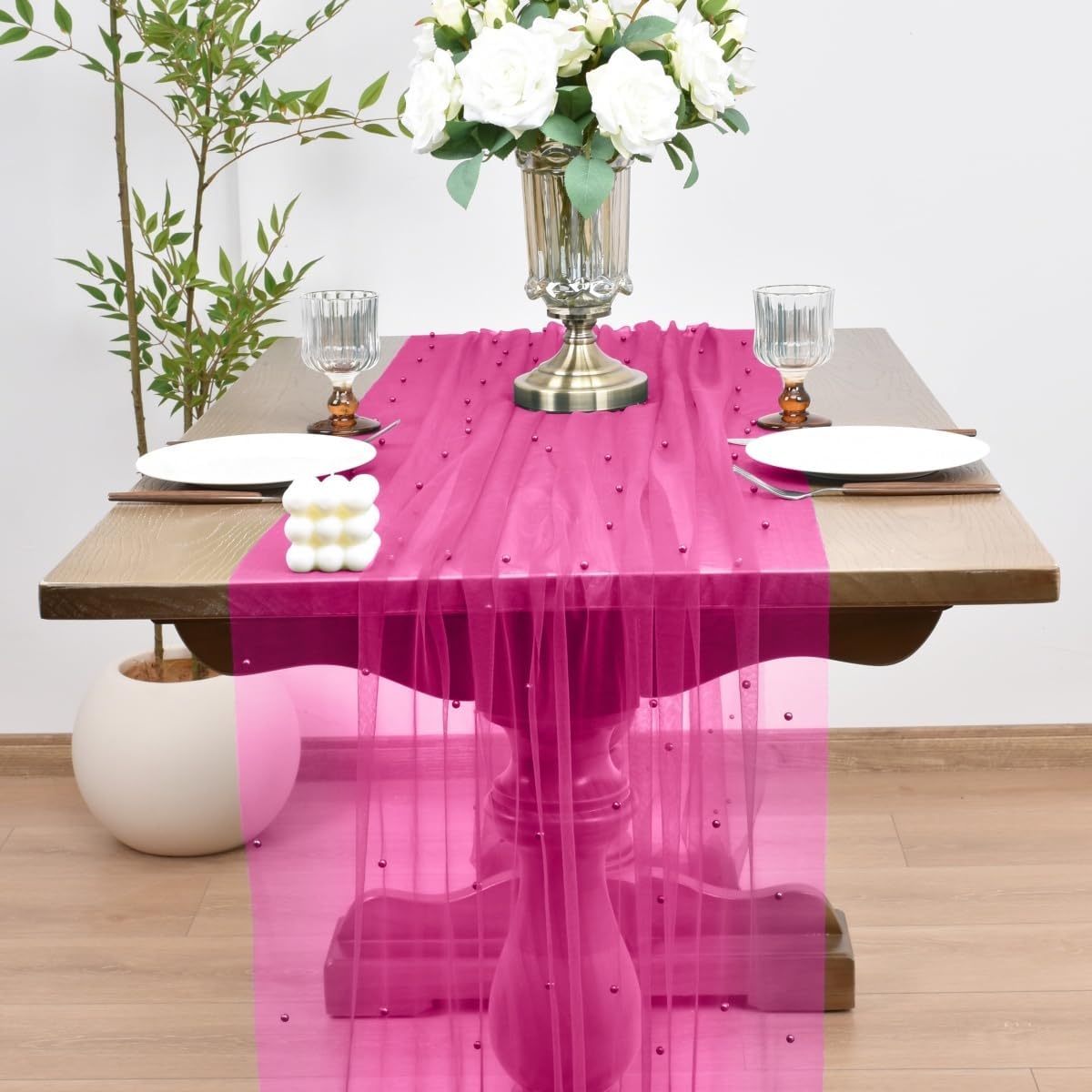 Joanlody Fall Fuschia Pearl Table Runner 10ft Rustic Boho Tulle Table Runner with Pearls for Baby Shower Wedding Party Veil Dessert Thanksgiving Table Decor Hot Pink