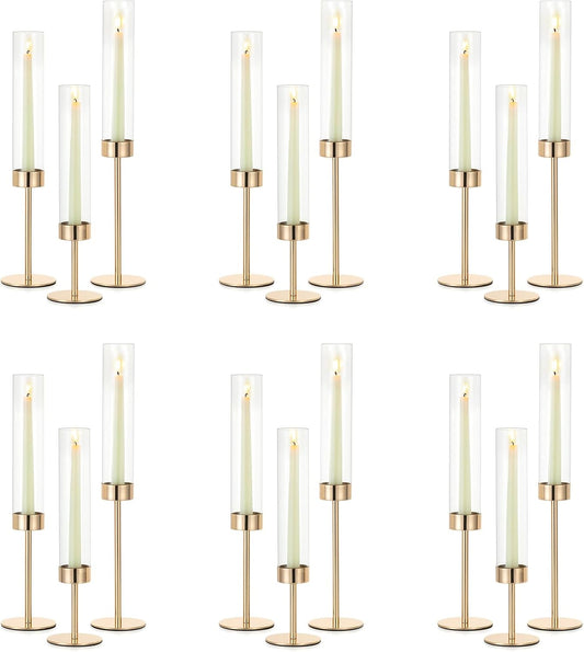 NUPTIO Candle Stick Holder for Wedding: 18 Pcs Tall Hurricane Gold Candles Holder with Clear Glass Chimney Cover - Tapered Candlestick Decor Bulk for Party Centerpiece