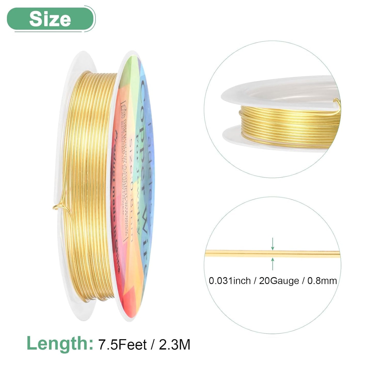 0.8 mm/20 Gauge Copper Wire for Jewelry Making, 7.5FT Copper Beading Craft Wire for Jewelry/Weaving/DIY Crafting/Planting, Color-Retaining [2.3 M, KC-Gold]