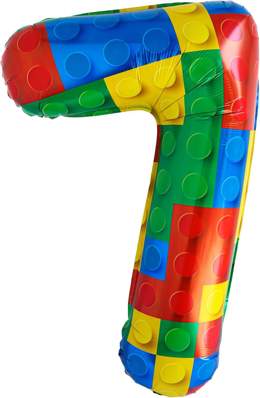 32 Inch Stackable Block Number 7 Balloon – Colorful Brick Building Themed Big Helium Digits for Kids Birthday Party Decorations (Building Block, Number 7)