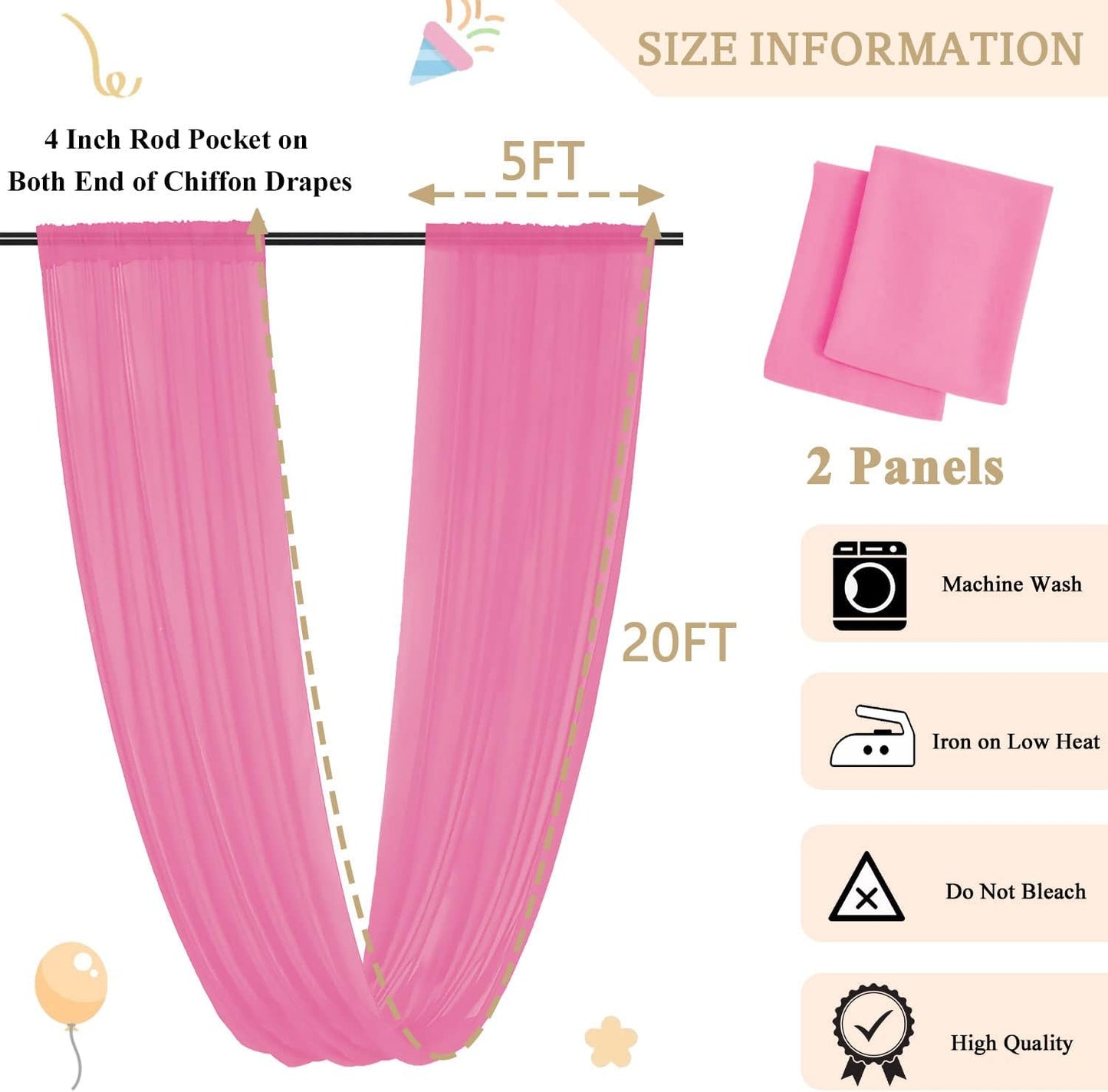 MODFUNS Wedding Arch Drapes Fabric Pink Ceiling Draping 2 Panels 5x20 FT Chiffon Curtains for Backdrop Sheer Voile Swag Curtain Wedding Drapery for Arch Bed Canopy Tent Backdrop for Reception Arbor