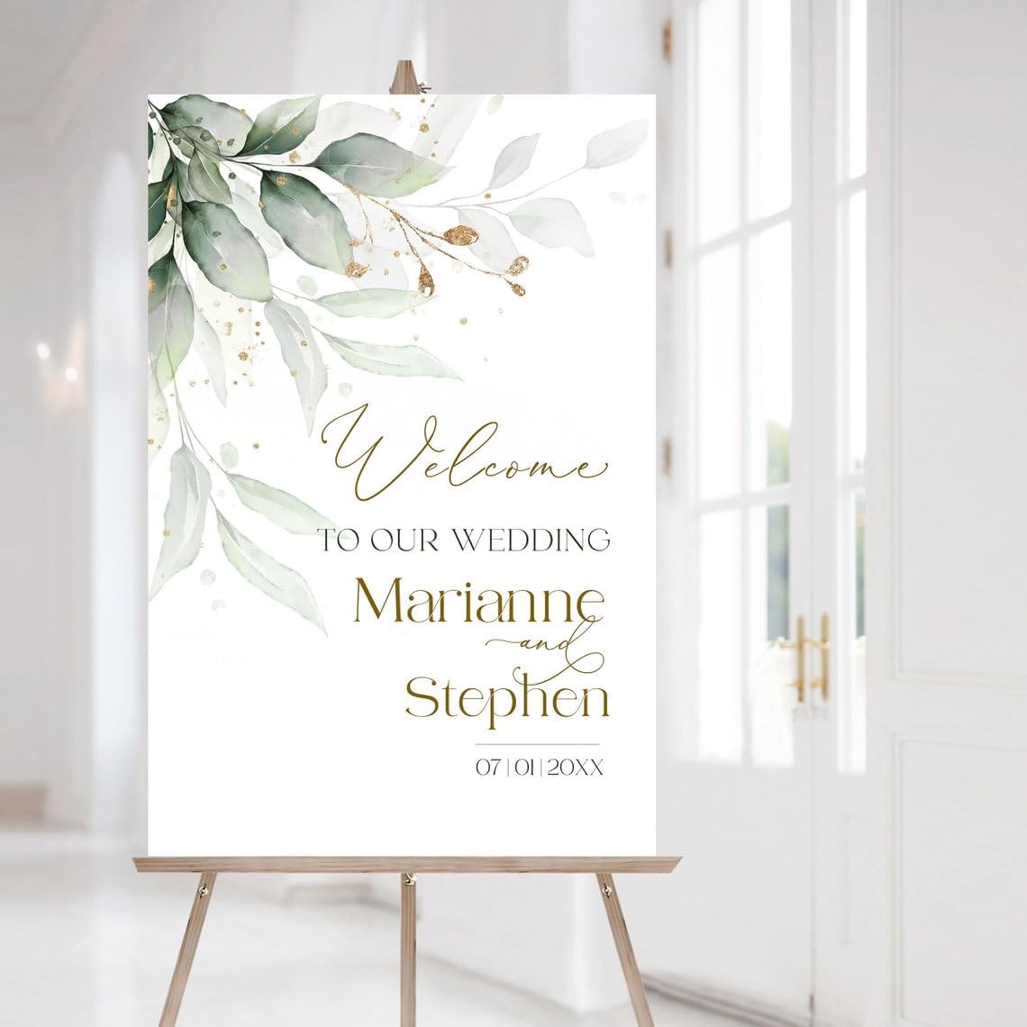 Sage Greenery Gold Welcome Poster - Eucalyptus Wedding Board, Forever Welcome Sign