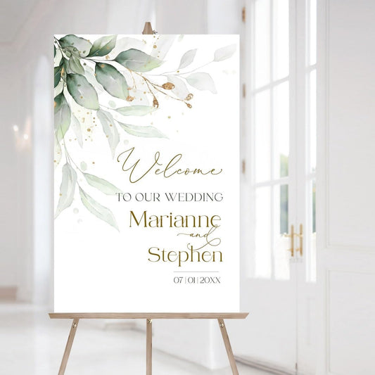 Sage Greenery Gold Welcome Poster - Eucalyptus Wedding Board, Forever Welcome Sign