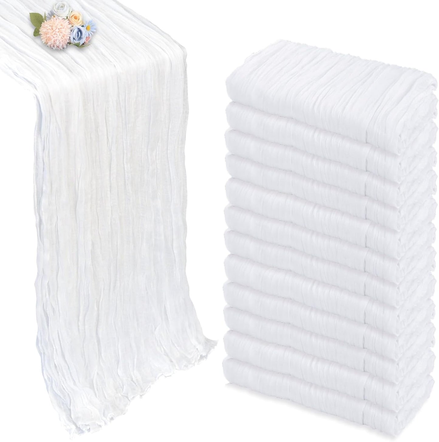 12 Pack White Cheesecloth Table Runner 10ft Boho Gauze Fabric Cheese Cloth Table Runner 35 x 120 Inch Rustic Sheer Runner for Romantic Wedding Decor Baby Shower Party Table Centerpiece Decoration