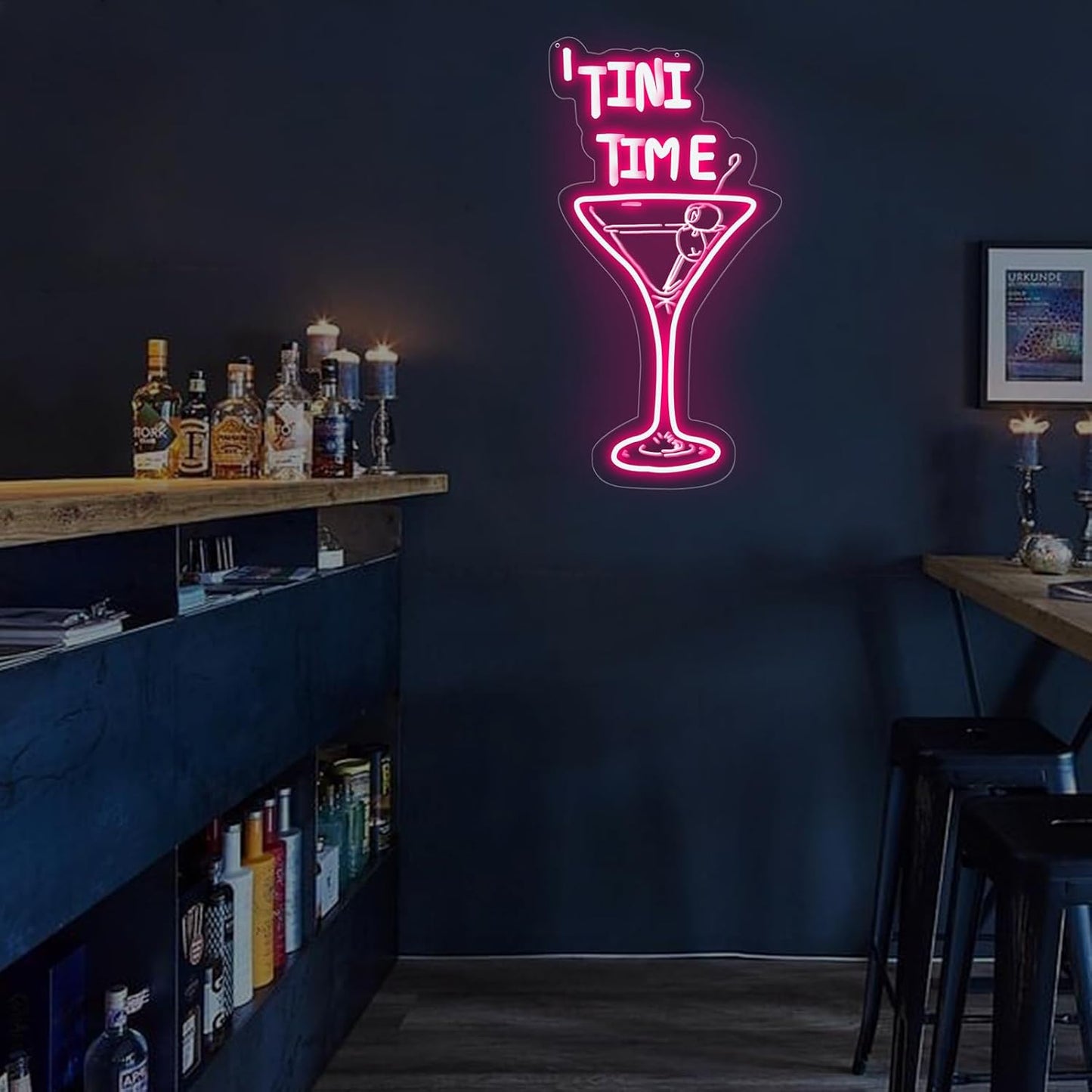 Tini Time LED Neon Sign, Martini Neon Sign for Bars, Elegant Cocktail Glass Neon, Martini Cocktail Bar Wall Decor, Bar Wall Art, Pub neon, 16.5"x8.7", Pink