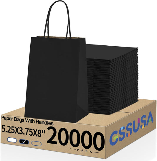 GSSUSA Paper Gift Bags 5.25x3.75x8 Inch 20000 Pack, Valentine's Day Gift Wrap Bags with Handles, Black Kraft Paper Bag for Small Business, Heavy Duty Bulk, for Birthday Party Favors, Shopping, Retail