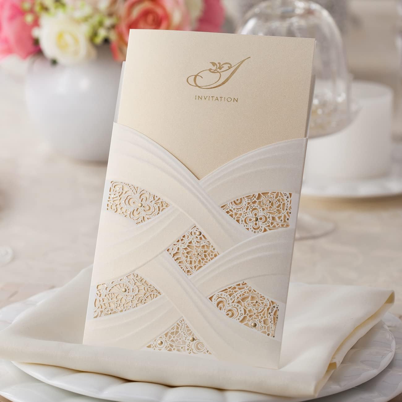 Hosmsua 50PCS Customized Ivory Wedding Invitations Kit 5.12x7.2 Inch Laser Cut Gold Foil Hollow Flora Lace Sleeve Pocket Wedding Quinceanera Invitation with Envelopes