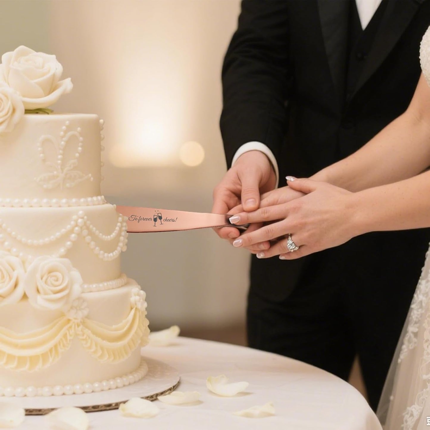 Personalized 4 Piece Wedding Cake Cutting Set, Custom Names Cake Knife and Server set with Forks, Anniversary Birthday Bridal Wedding Registry Gifts (Rose gold)