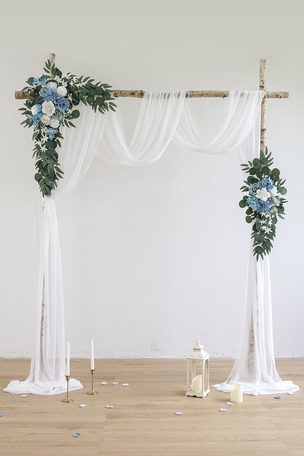 Light Blue Artificial Wedding Arch Flowers Kit (Pack of 3) with 26Ft White Shiny Arch Draping Fabric for DIY Wedding Party Ceremony Reception Backdrop Floral Decoration