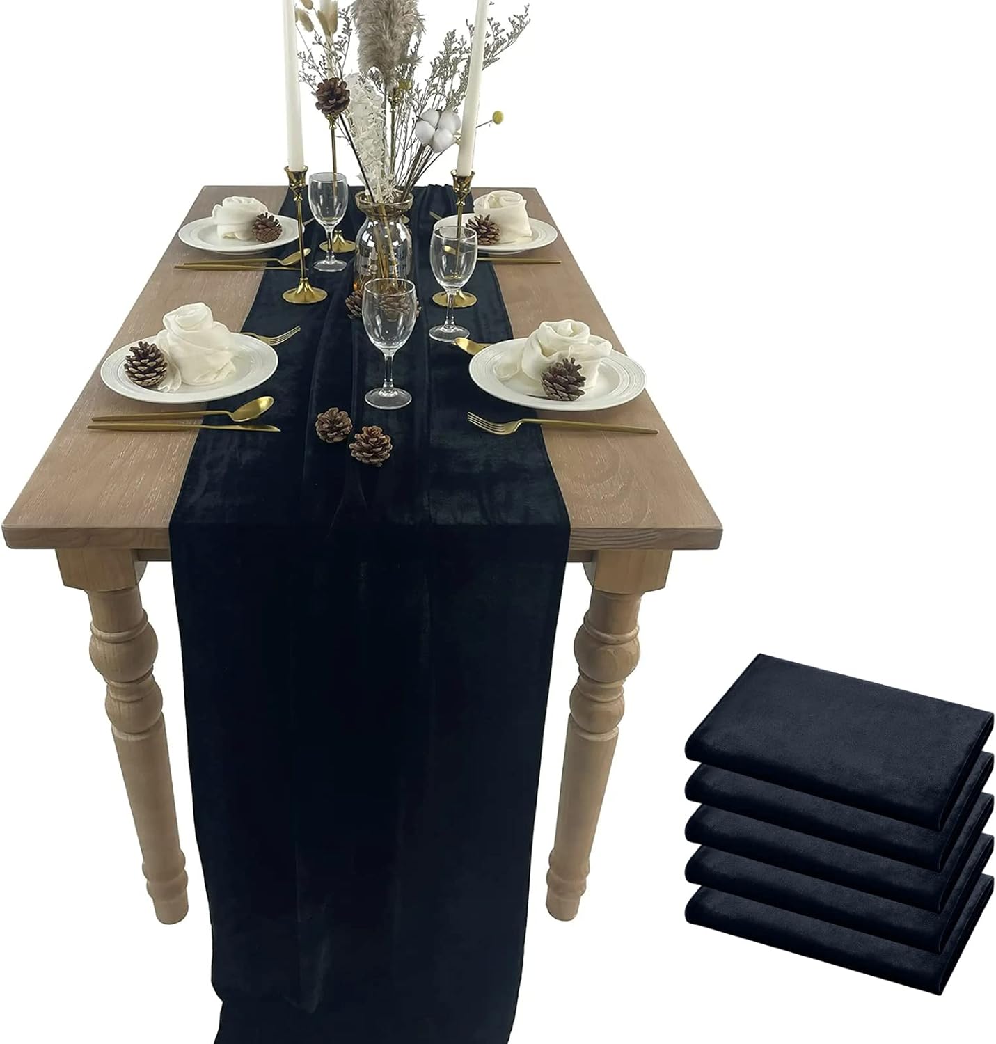 Velvet Table Runner, 5 Pack Luxurious Wedding Reception Decorations Soft Velvet Fabric Table Linen Overlay for Party (20 x 120 inch, Black)