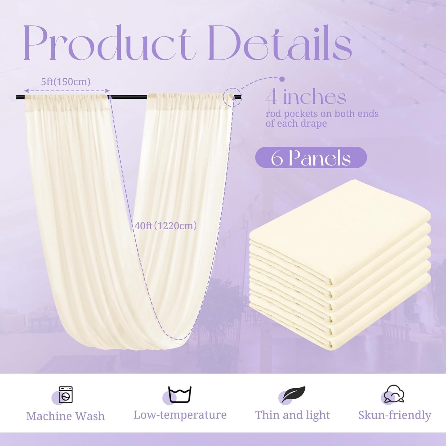 6 Panels Ivory Ceiling Drapes for Wedding, 5ftx40ft Cheesecloth Sheer Fabric Curtain Arch Draping, Romantic Decorations for Party Ceremony Stage