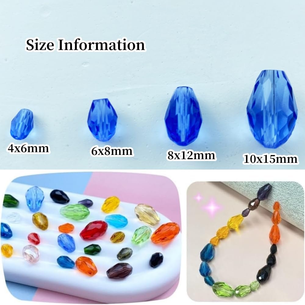200pcs 4x6mm Teardrop Crystal Glass Beads Vertical Hole Faceted Glass Teardrop Spacer Beads for Bracelets Necklace Earring DIY Jewelry Making Craft(Light Blue)