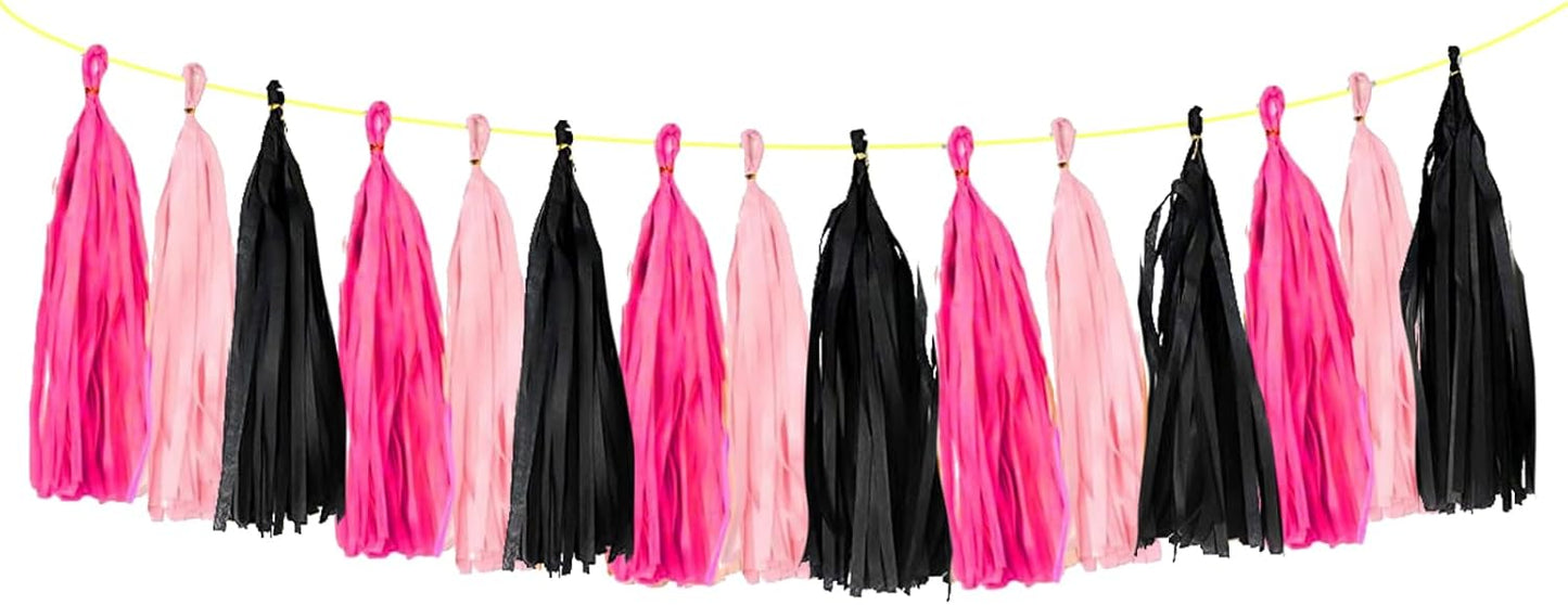 ZOOYOO Tassel Garland Tissue Paper Tassel Banner Table Decor, DIY Kits for Wedding,Halloween Party Decorations,Pack of 15 (Hot Pink Black)