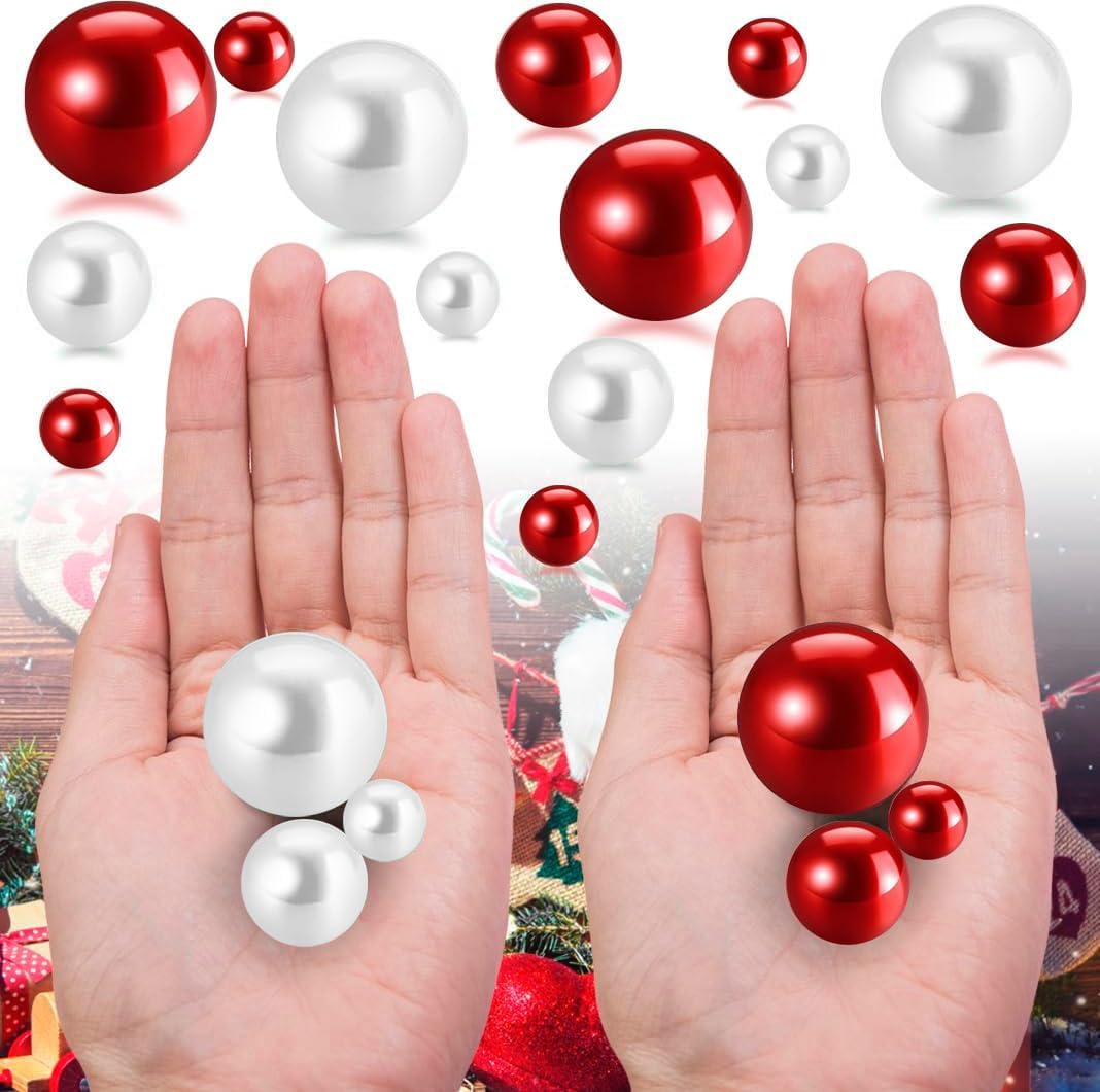 300Pcs Red&White Polished No Hole Pearl Beads Vase Filler, Christmas Vase Filling Decorations, Plastic Pearls, Table Scatters, Wedding Home Decor, 8/14/20 mm